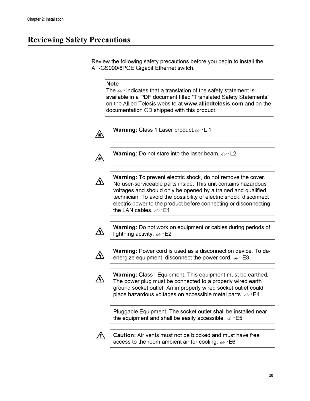 Allied Telesis GS900/8POE manual Reviewing Safety Precautions 