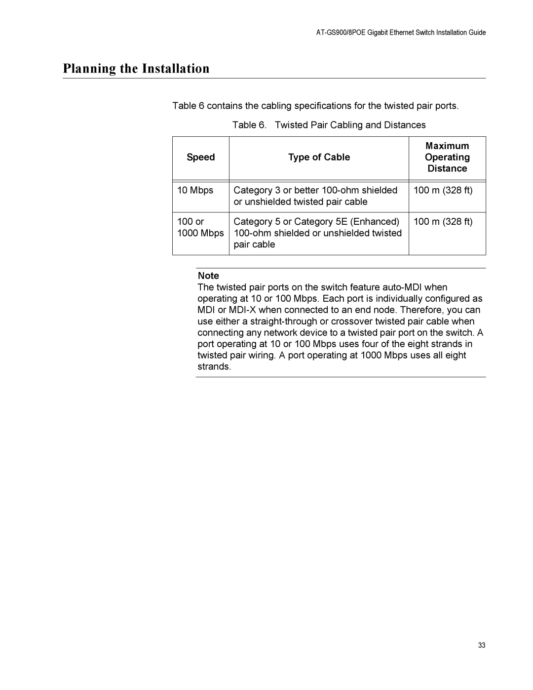 Allied Telesis GS900/8POE manual Planning the Installation, Speed Type of Cable Maximum 