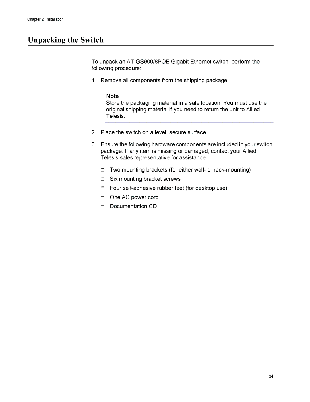 Allied Telesis GS900/8POE manual Unpacking the Switch 