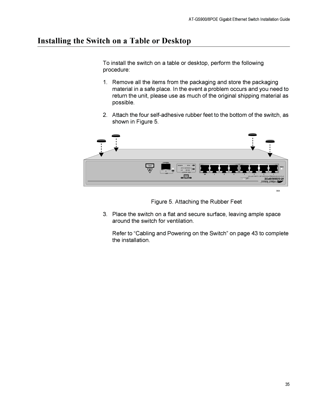 Allied Telesis GS900/8POE manual Installing the Switch on a Table or Desktop, 1000Base 