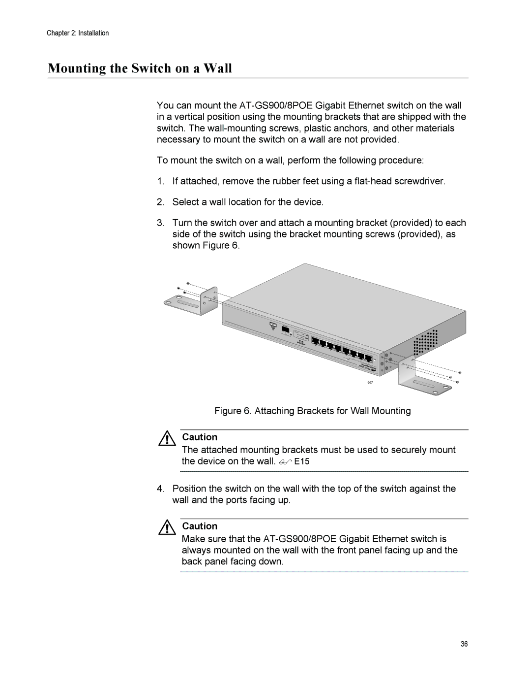 Allied Telesis GS900/8POE manual Mounting the Switch on a Wall 