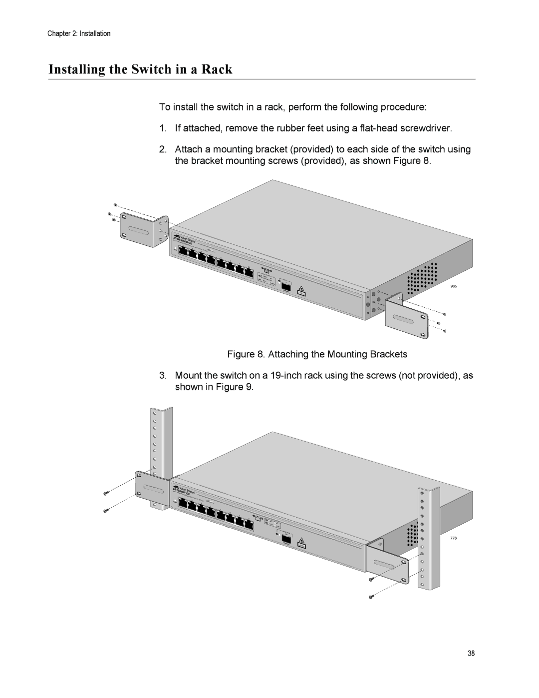 Allied Telesis GS900/8POE manual Installing the Switch in a Rack 