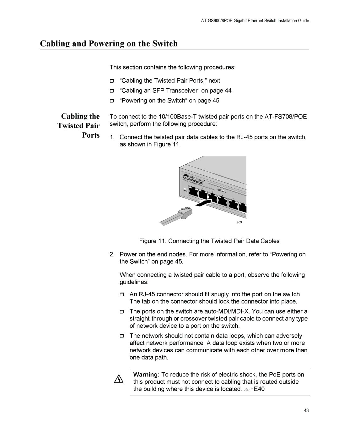 Allied Telesis GS900/8POE manual Cabling and Powering on the Switch, Cabling Twisted Pair Ports 