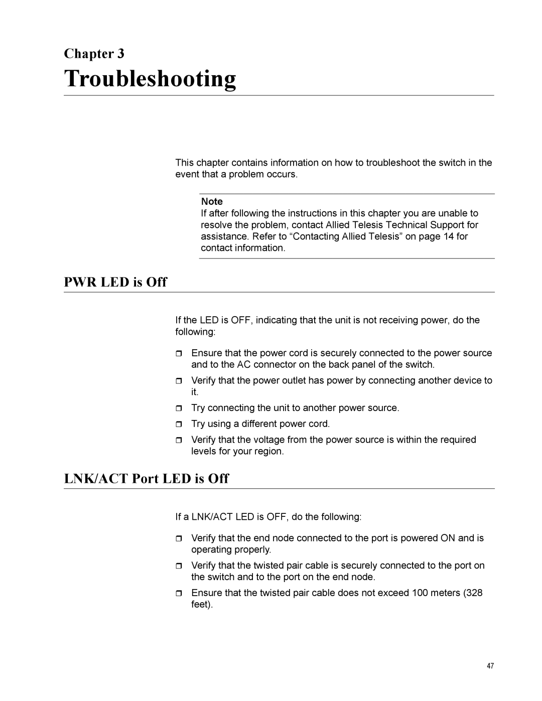 Allied Telesis GS900/8POE manual Troubleshooting, PWR LED is Off, LNK/ACT Port LED is Off 