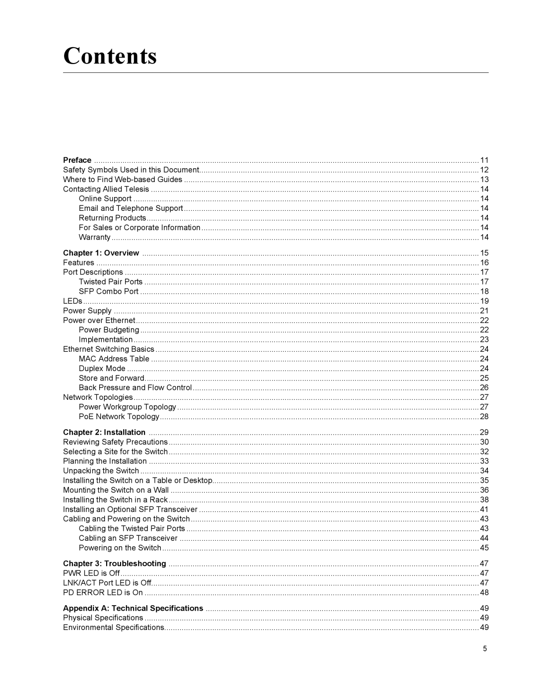 Allied Telesis GS900/8POE manual Contents 