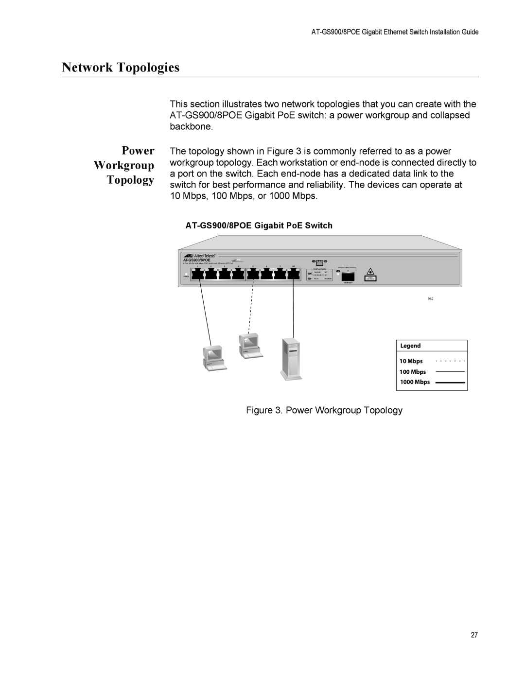 Allied Telesis GS900/8POE manual Network Topologies, Power Workgroup Topology 