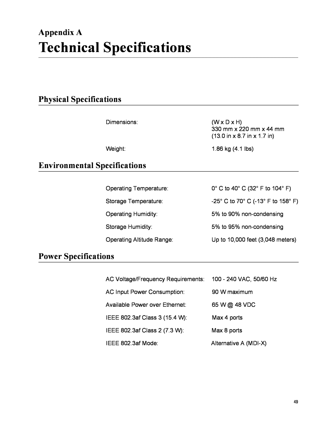 Allied Telesis GS900/8POE Technical Specifications, Appendix A, Physical Specifications, Environmental Specifications 