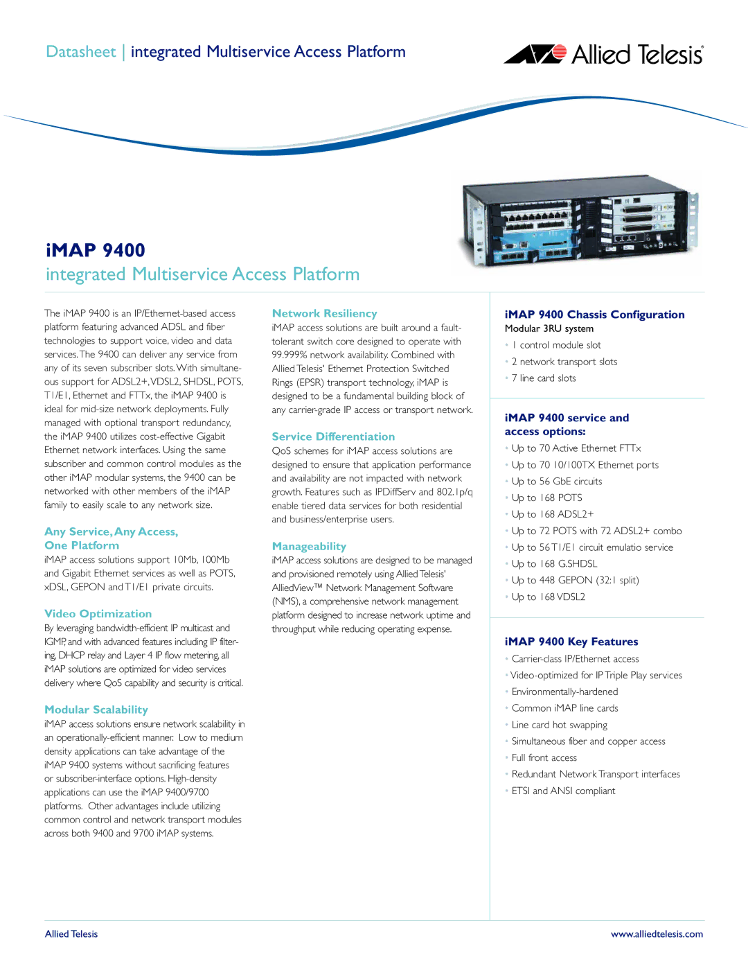 Allied Telesis iMAP 9400 manual Any Service,Any Access One Platform, Video Optimization, Modular Scalability 