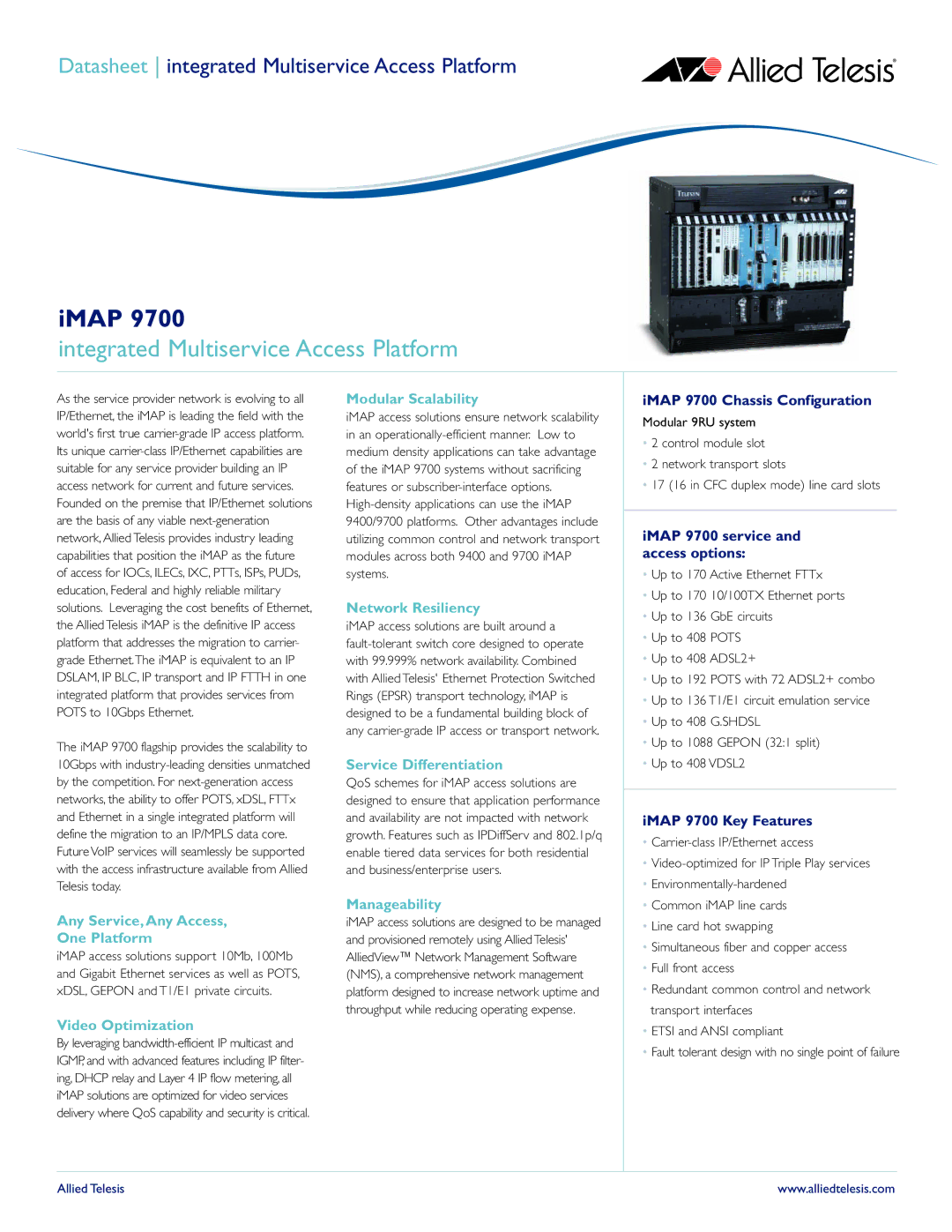 Allied Telesis iMAP 9700 manual Any Service,Any Access One Platform, Video Optimization, Modular Scalability 