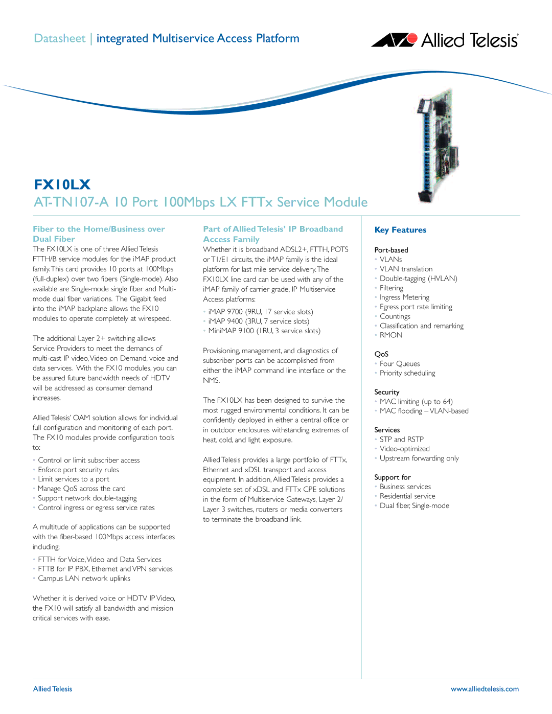 Allied Telesis iMAP FX10LX manual Fiber to the Home/Business over Dual Fiber 