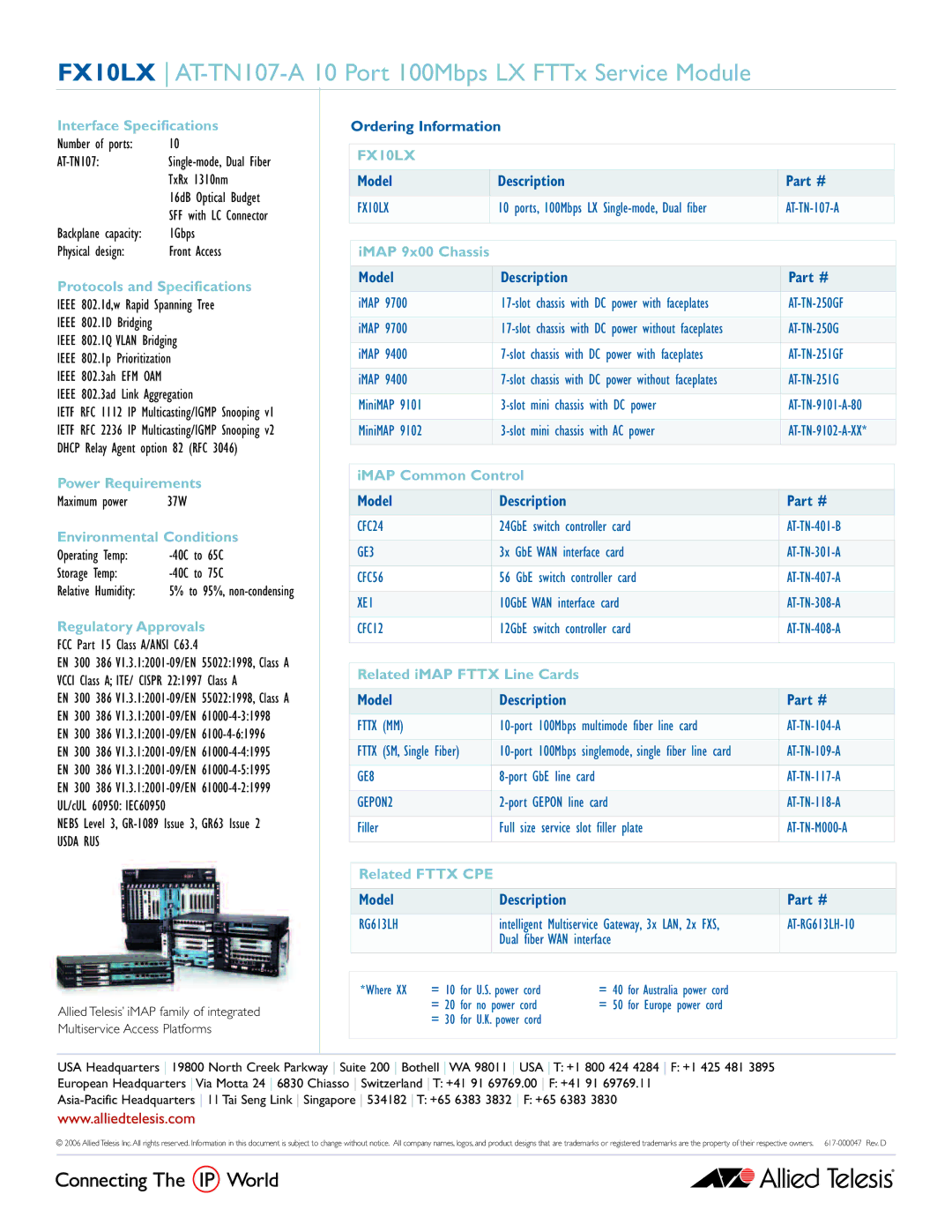 Allied Telesis iMAP FX10LX Protocols and Specifications, Power Requirements, Environmental Conditions, IMAP 9x00 Chassis 