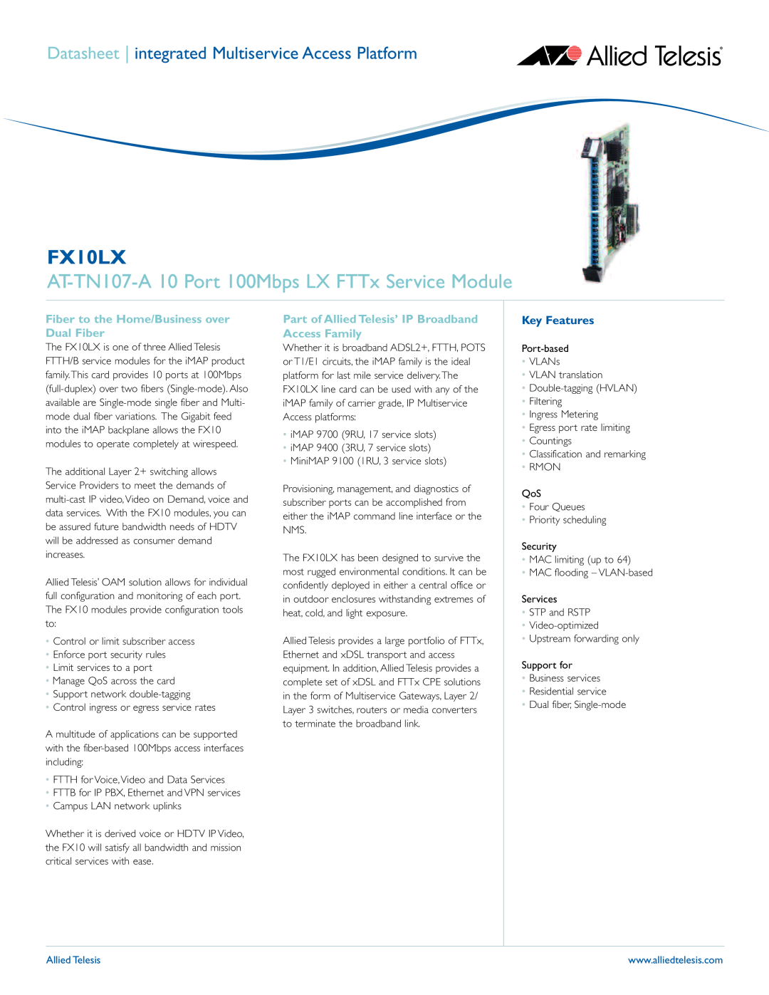 Allied Telesis iMAP FX10LX manual AT-TN107-A 10 Port 100Mbps LX FTTx Service Module, Key Features 