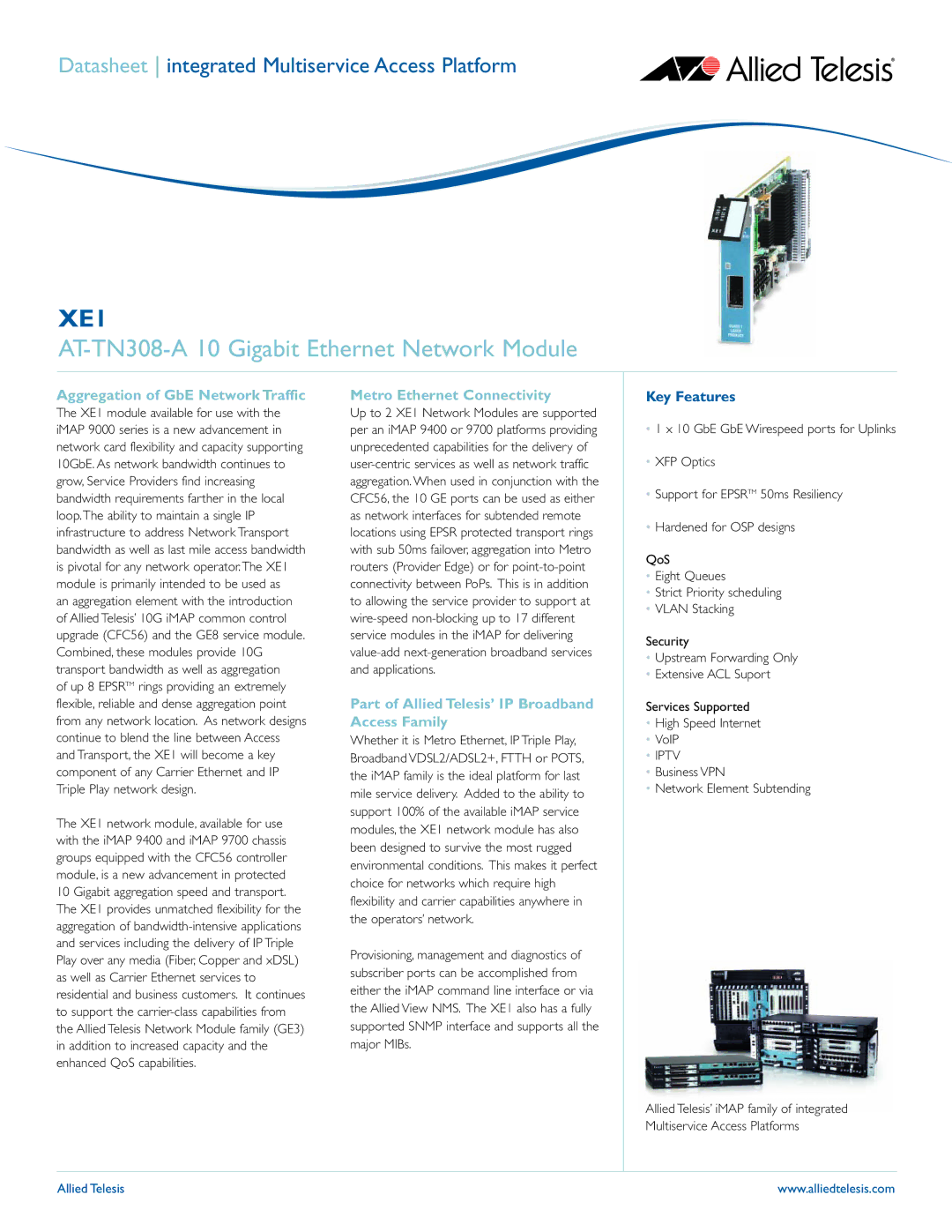 Allied Telesis iMAP XE1 manual AT-TN308-A 10 Gigabit Ethernet Network Module, Aggregation of GbE Network Traffic 