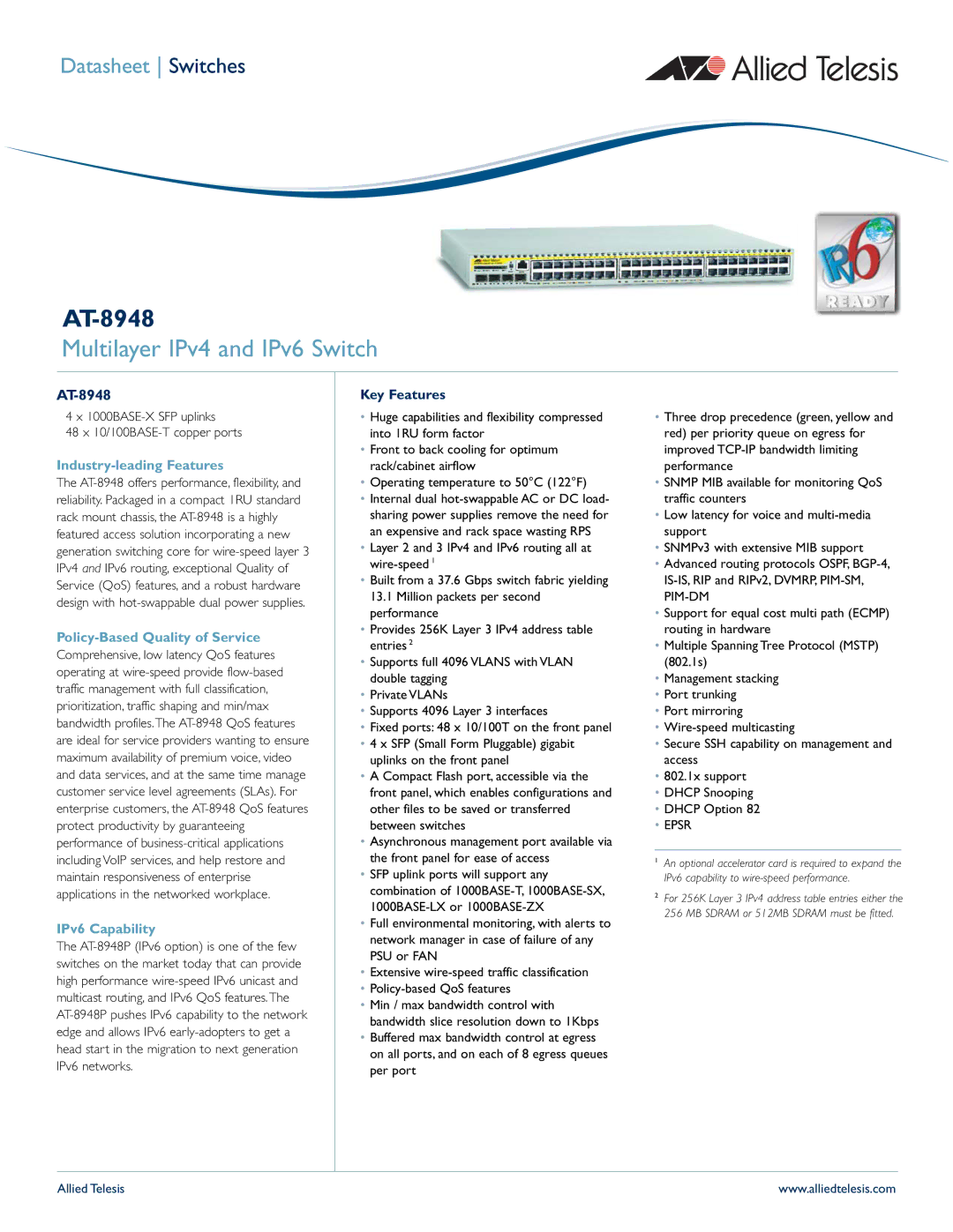 Allied Telesis IPv4, IPV6 manual AT-8948, Industry-leading Features, Policy-Based Quality of Service, IPv6 Capability 