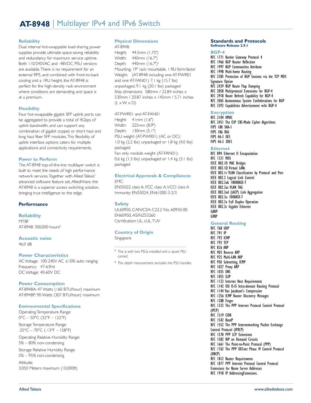 Allied Telesis IPV6, IPv4 manual Performance, Standards and Protocols 