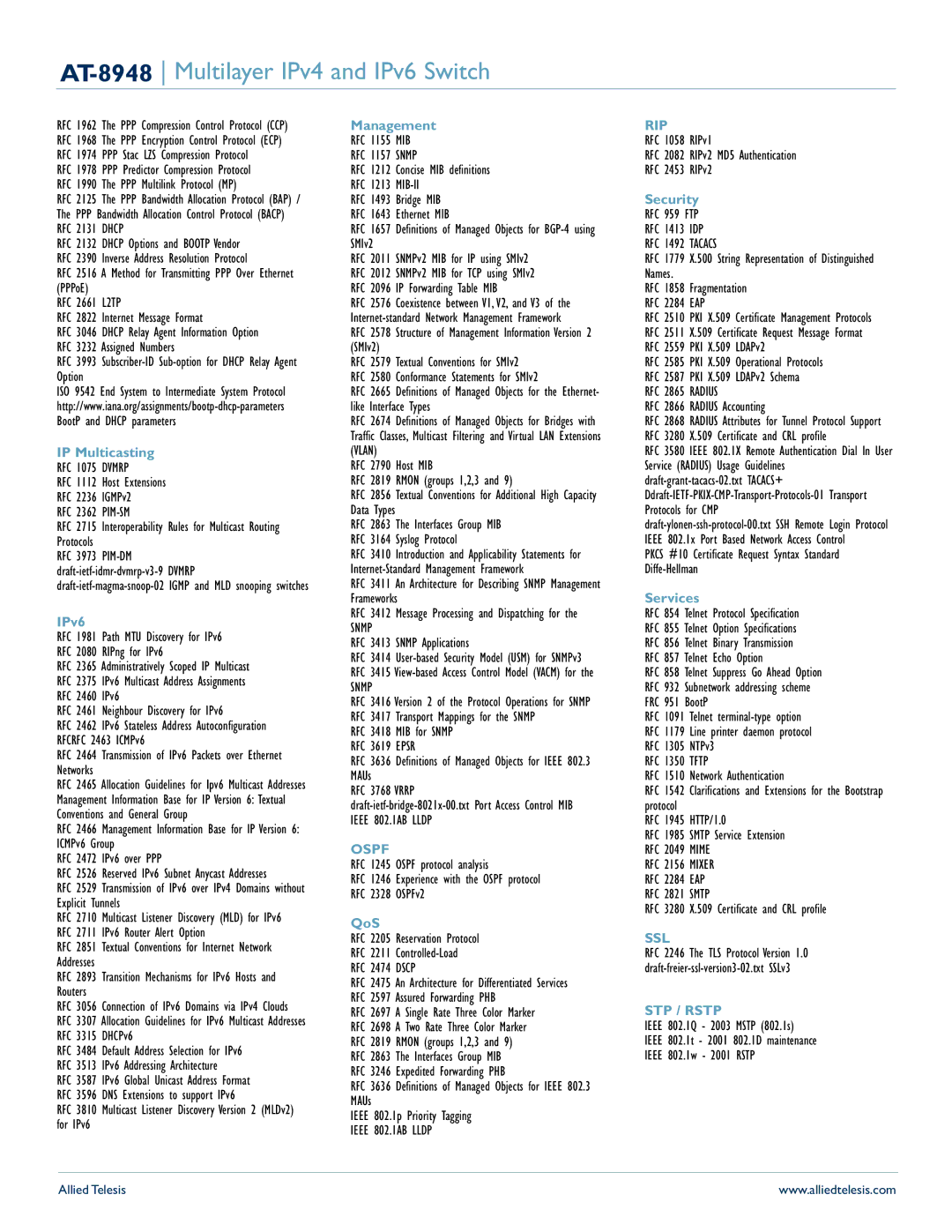 Allied Telesis IPv4, IPV6 manual IP Multicasting, IPv6, Management, QoS, Security, Services 