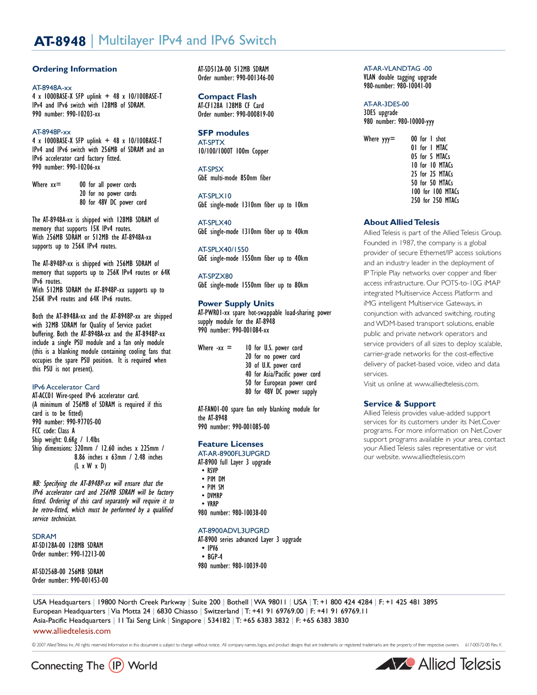 Allied Telesis IPV6, IPv4 manual Ordering Information, Compact Flash, SFP modules, Power Supply Units, Feature Licenses 