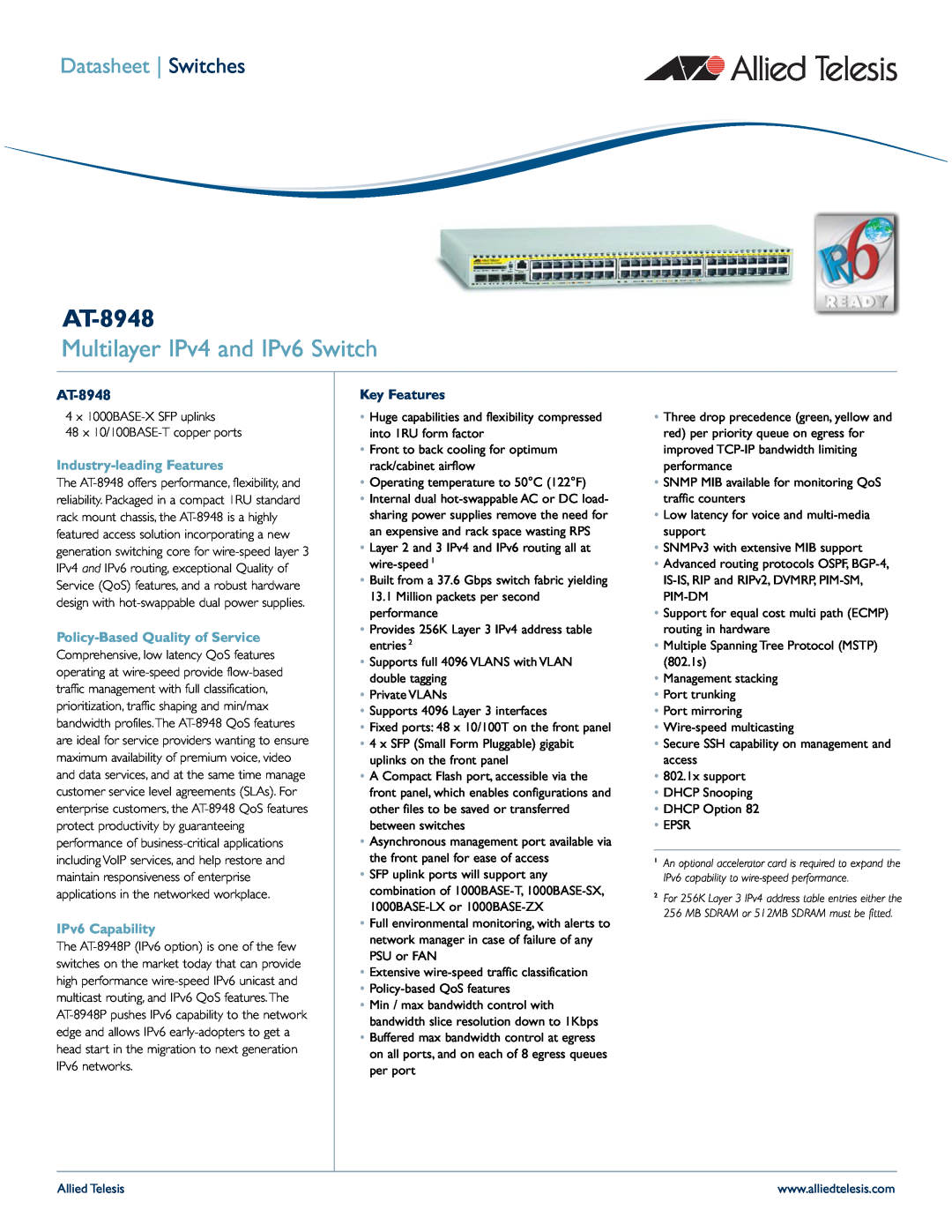 Allied Telesis IPV6 manual MultiIayer IPv4 and IPv6 Switch, AT-8948, Datasheet Switches, Key Features 