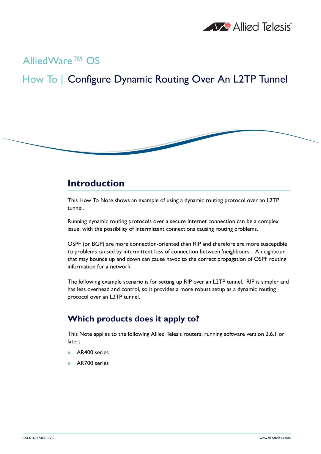 Allied Telesis L2TP Tunnel manual Introduction, Which products does it apply to? 