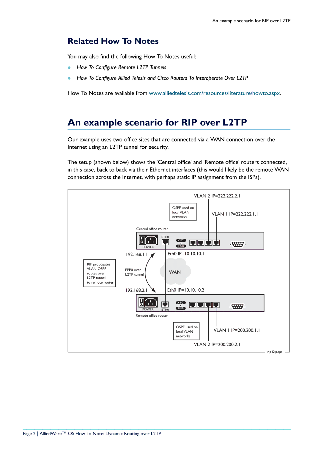 Allied Telesis L2TP Tunnel manual An example scenario for RIP over L2TP, Related How To Notes 