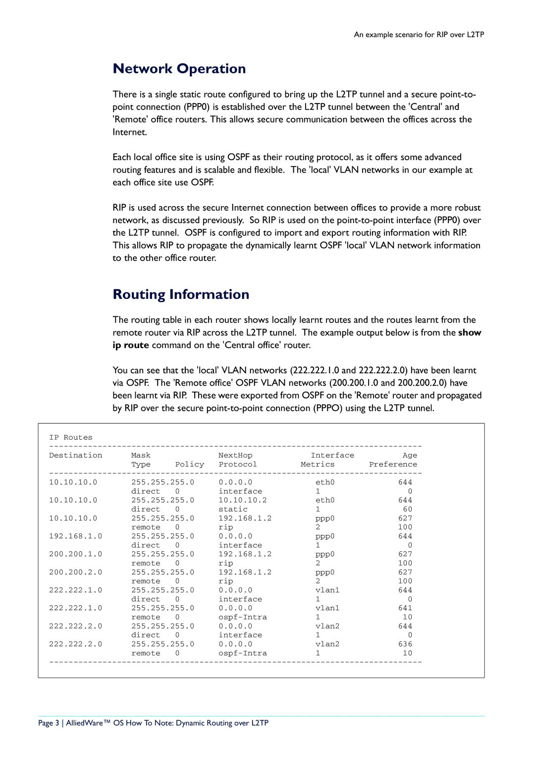 Allied Telesis L2TP Tunnel manual Network Operation, Routing Information 