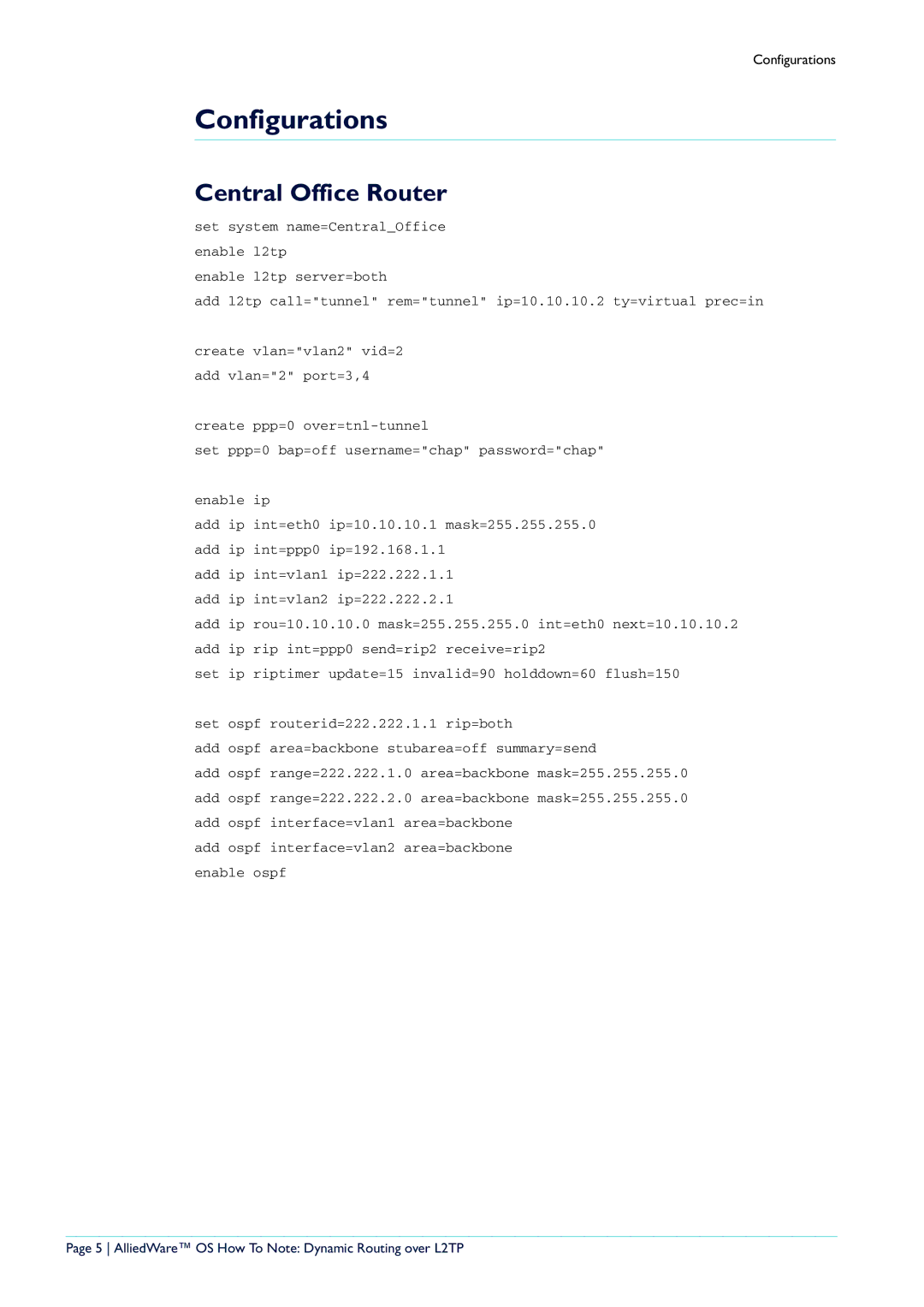 Allied Telesis L2TP Tunnel manual Configurations, Central Office Router 