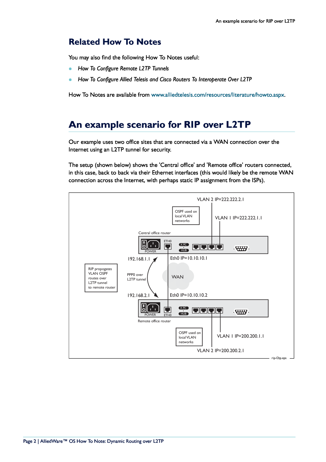 Allied Telesis L2TP Tunnel An example scenario for RIP over L2TP, Related How To Notes, VLAN 2 IP=222.222.2.1, 192.168.1.1 