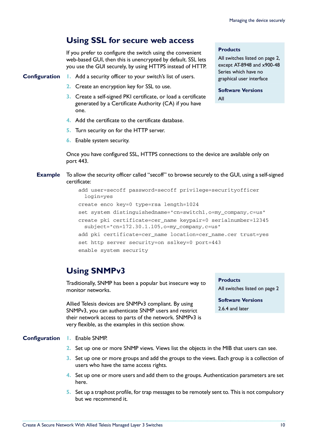 Allied Telesis Layer 3 Switches manual Using SSL for secure web access, Using SNMPv3, Configuration 1. Enable Snmp 