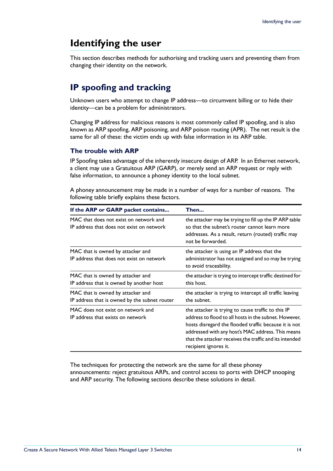 Allied Telesis Layer 3 Switches manual Identifying the user, IP spoofing and tracking, Trouble with ARP 