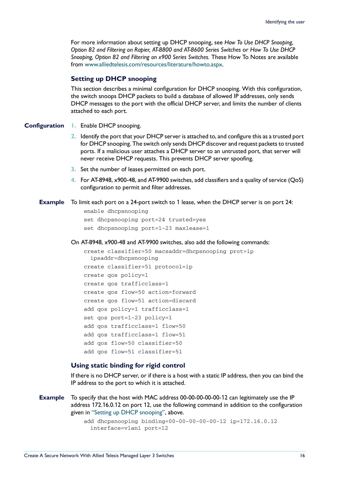 Allied Telesis Layer 3 Switches manual Setting up Dhcp snooping, Using static binding for rigid control 