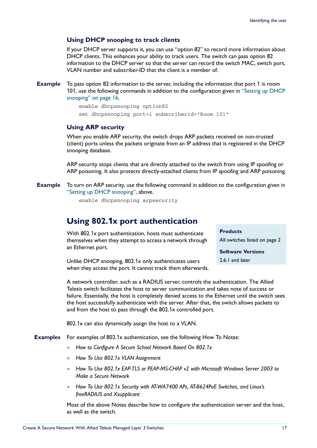 Allied Telesis Layer 3 Switches Using 802.1x port authentication, Using Dhcp snooping to track clients, Using ARP security 