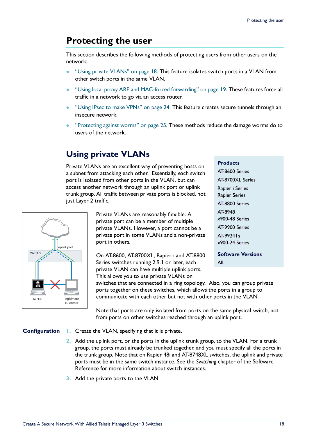 Allied Telesis Layer 3 Switches manual Protecting the user, Using private VLANs 