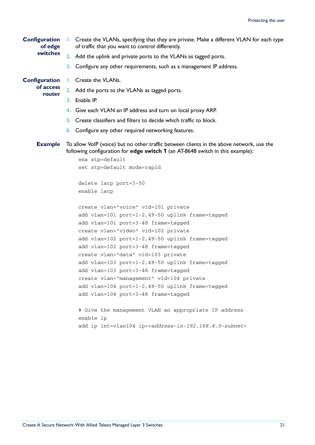 Allied Telesis Layer 3 Switches manual Configuration of access router Example 