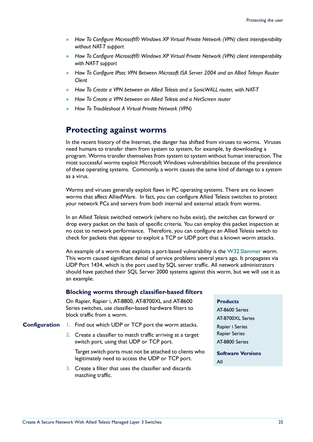 Allied Telesis Layer 3 Switches manual Protecting against worms, Blocking worms through classifier-based filters 