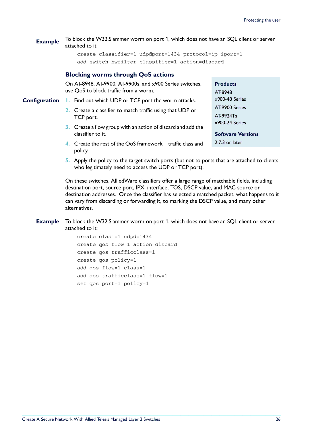 Allied Telesis Layer 3 Switches manual Blocking worms through QoS actions 