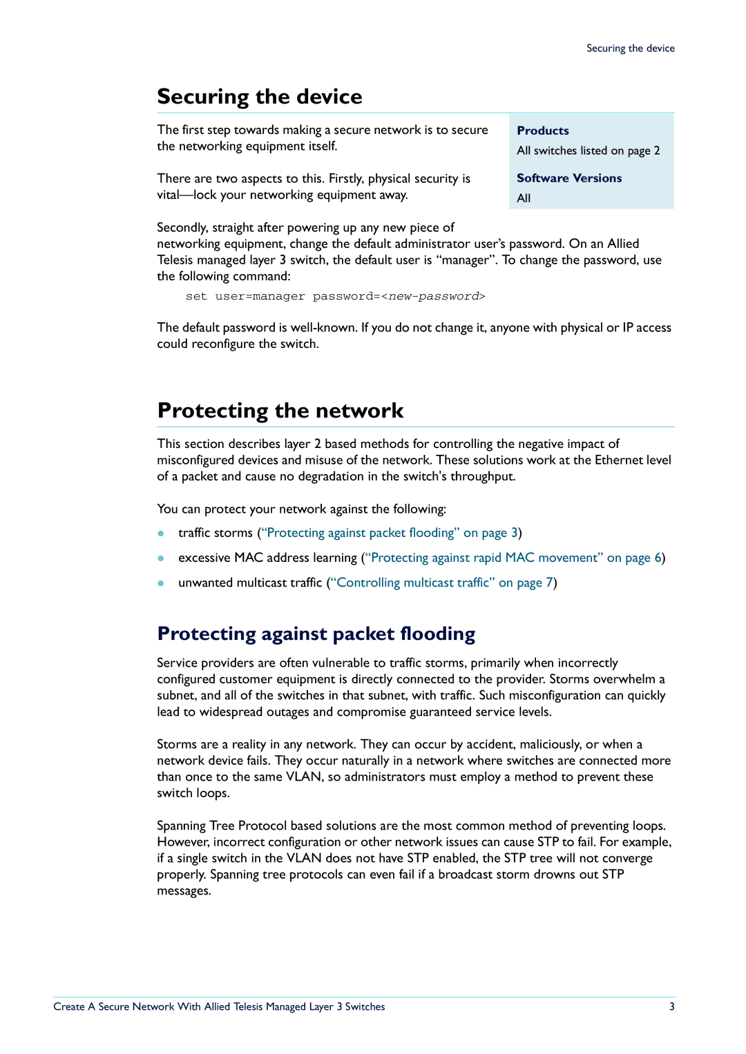 Allied Telesis Layer 3 Switches manual Securing the device, Protecting the network, Protecting against packet flooding 