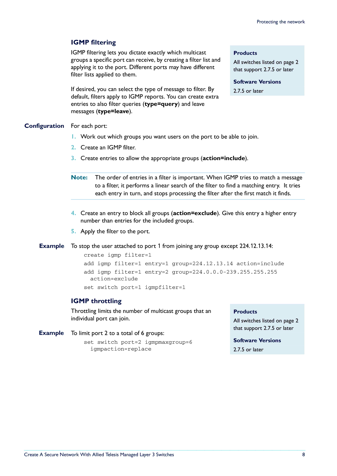 Allied Telesis Layer 3 Switches manual Igmp filtering, Igmp throttling, Configuration For each port 