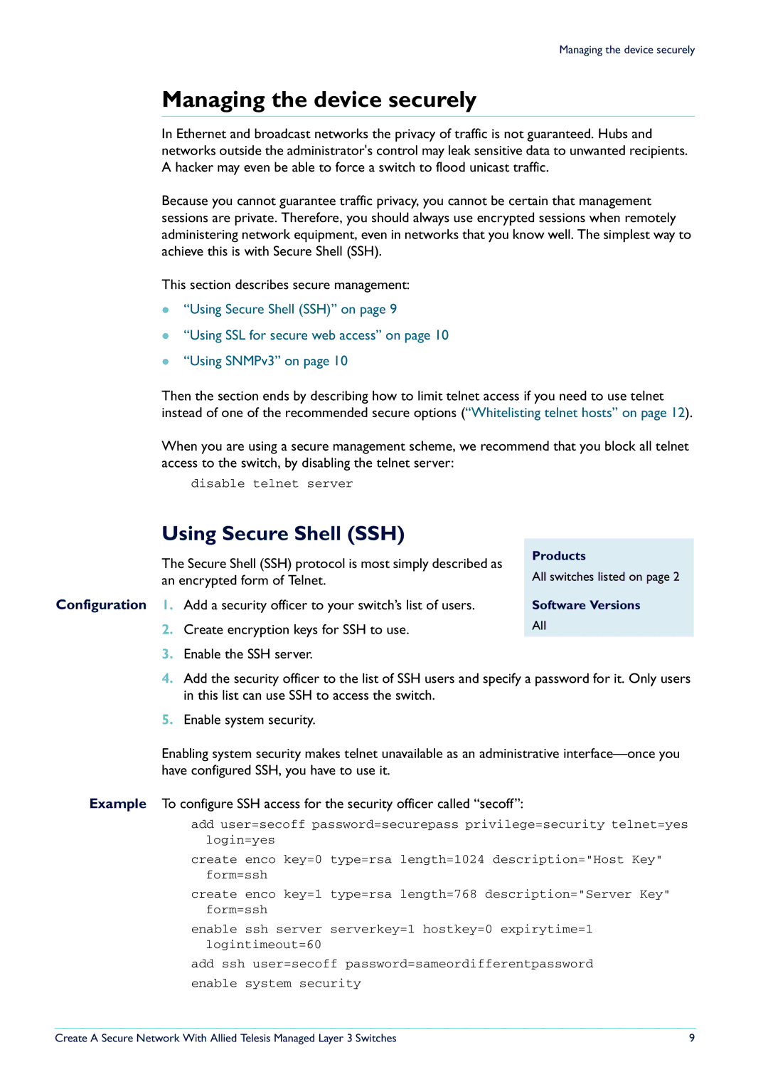 Allied Telesis Layer 3 Switches manual Managing the device securely, Using Secure Shell SSH, Configuration 