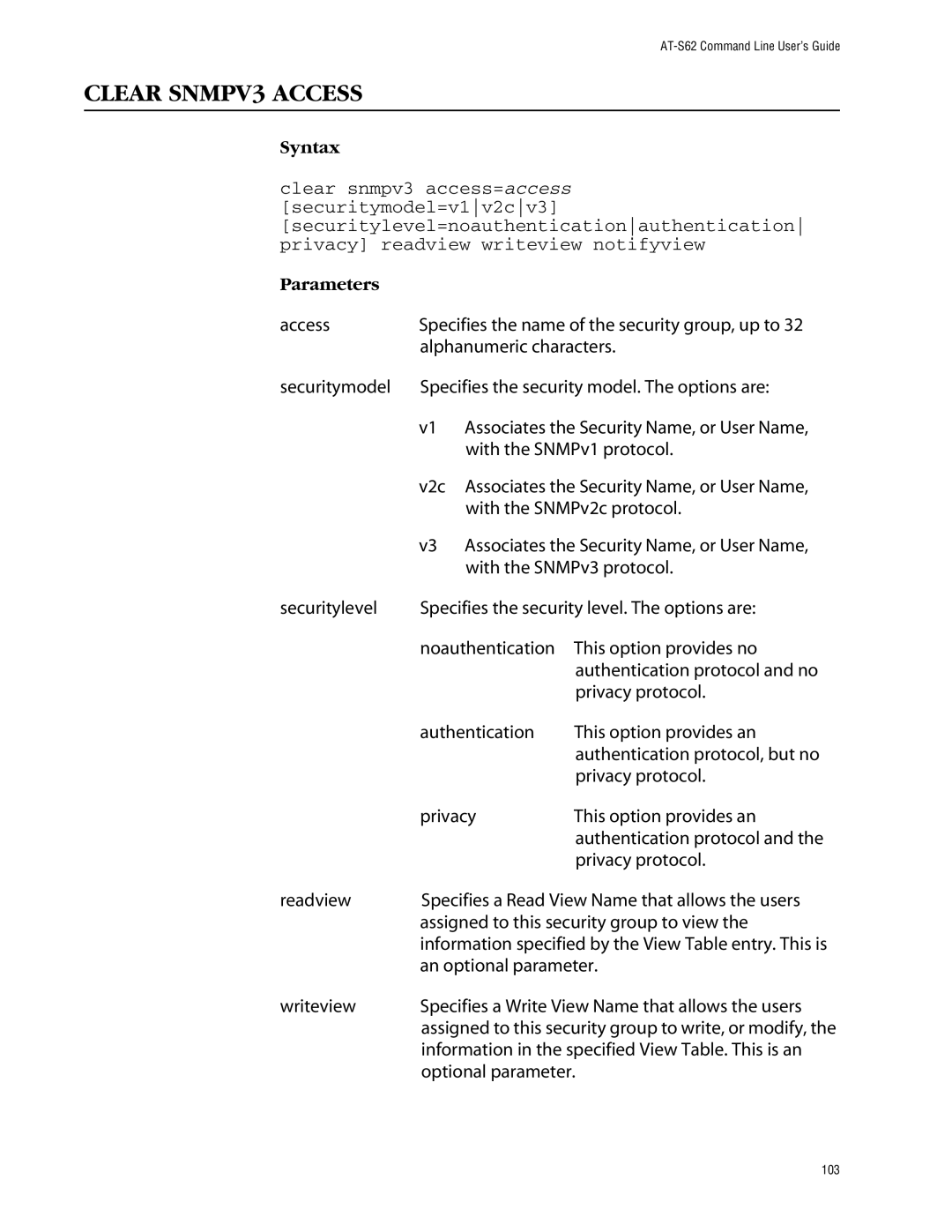 Allied Telesis management software layer 2+ fast ethernet switches manual Clear SNMPV3 Access, An optional parameter 