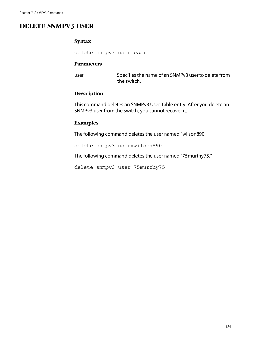 Allied Telesis management software layer 2+ fast ethernet switches manual Delete SNMPV3 User, Delete snmpv3 user=user 