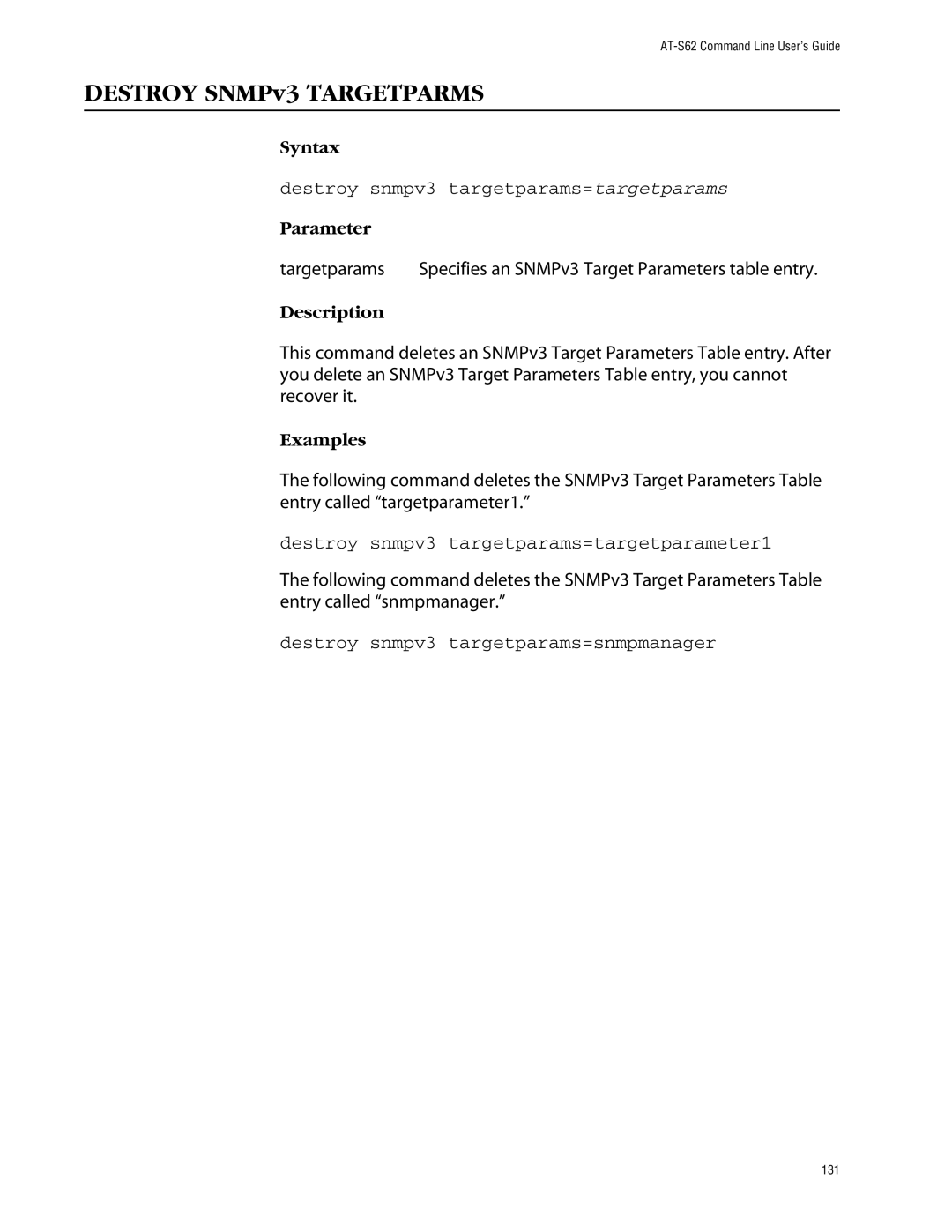 Allied Telesis management software layer 2+ fast ethernet switches Destroy snmpv3 targetparams=targetparams, Targetparams 