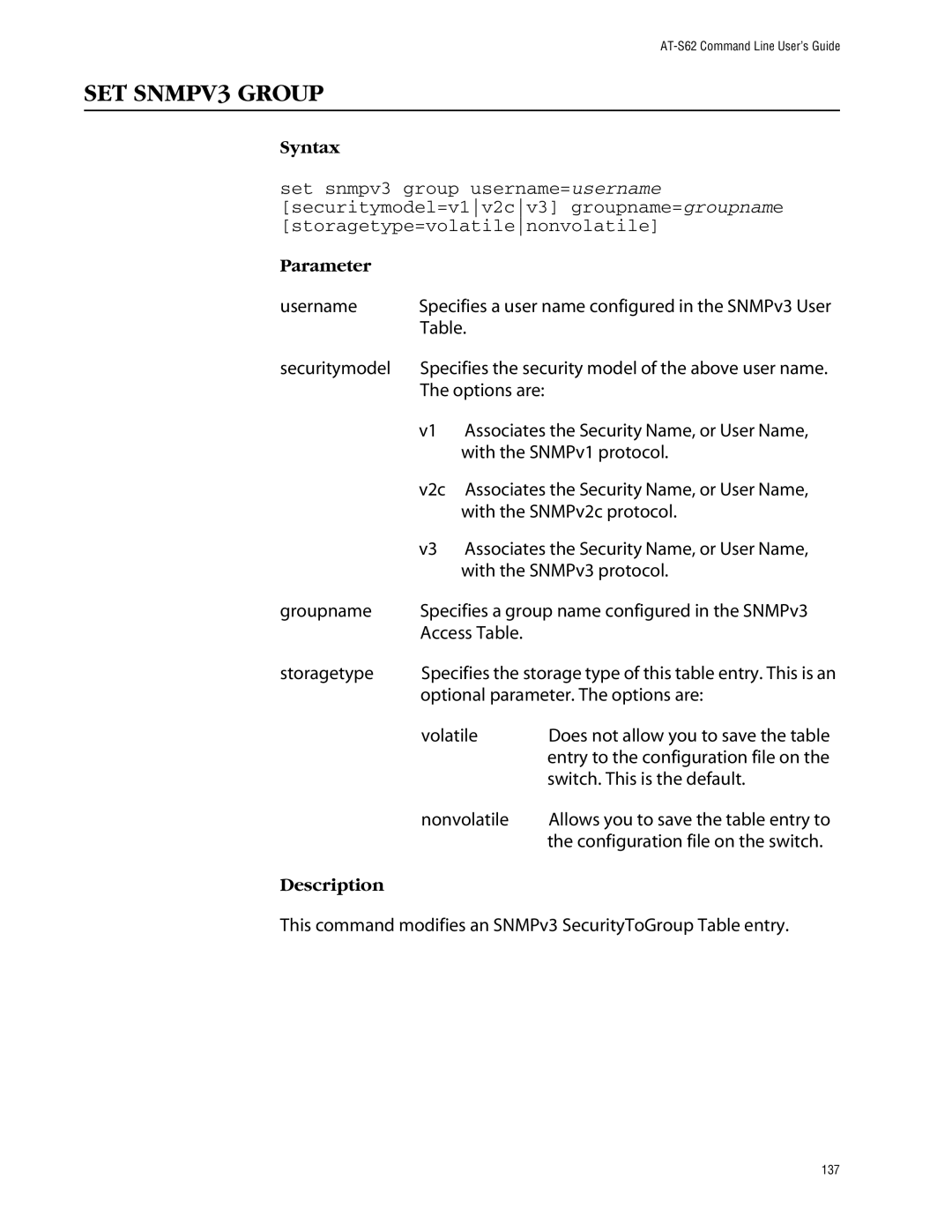 Allied Telesis management software layer 2+ fast ethernet switches manual SET SNMPV3 Group 