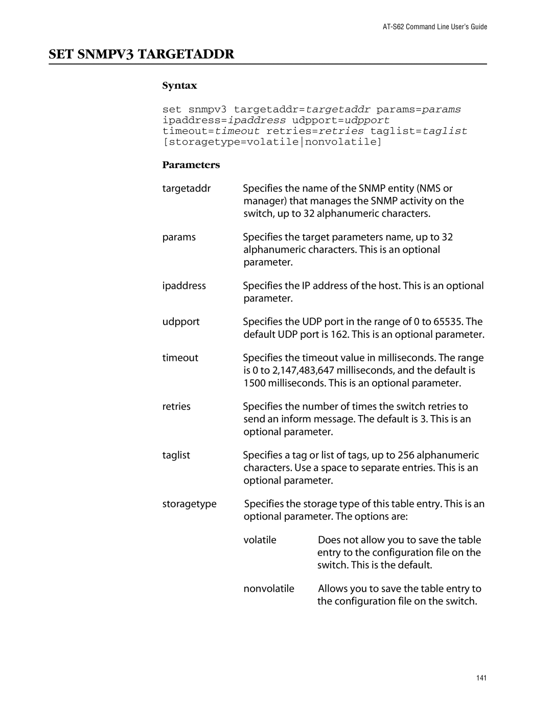 Allied Telesis management software layer 2+ fast ethernet switches manual SET SNMPV3 Targetaddr, Parameter Udpport 