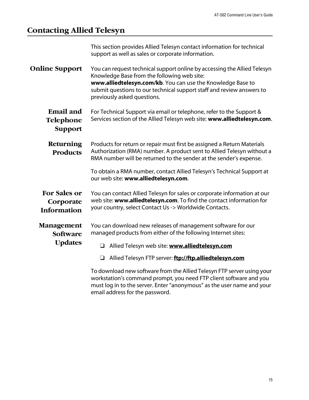 Allied Telesis management software layer 2+ fast ethernet switches manual Contacting Allied Telesyn 