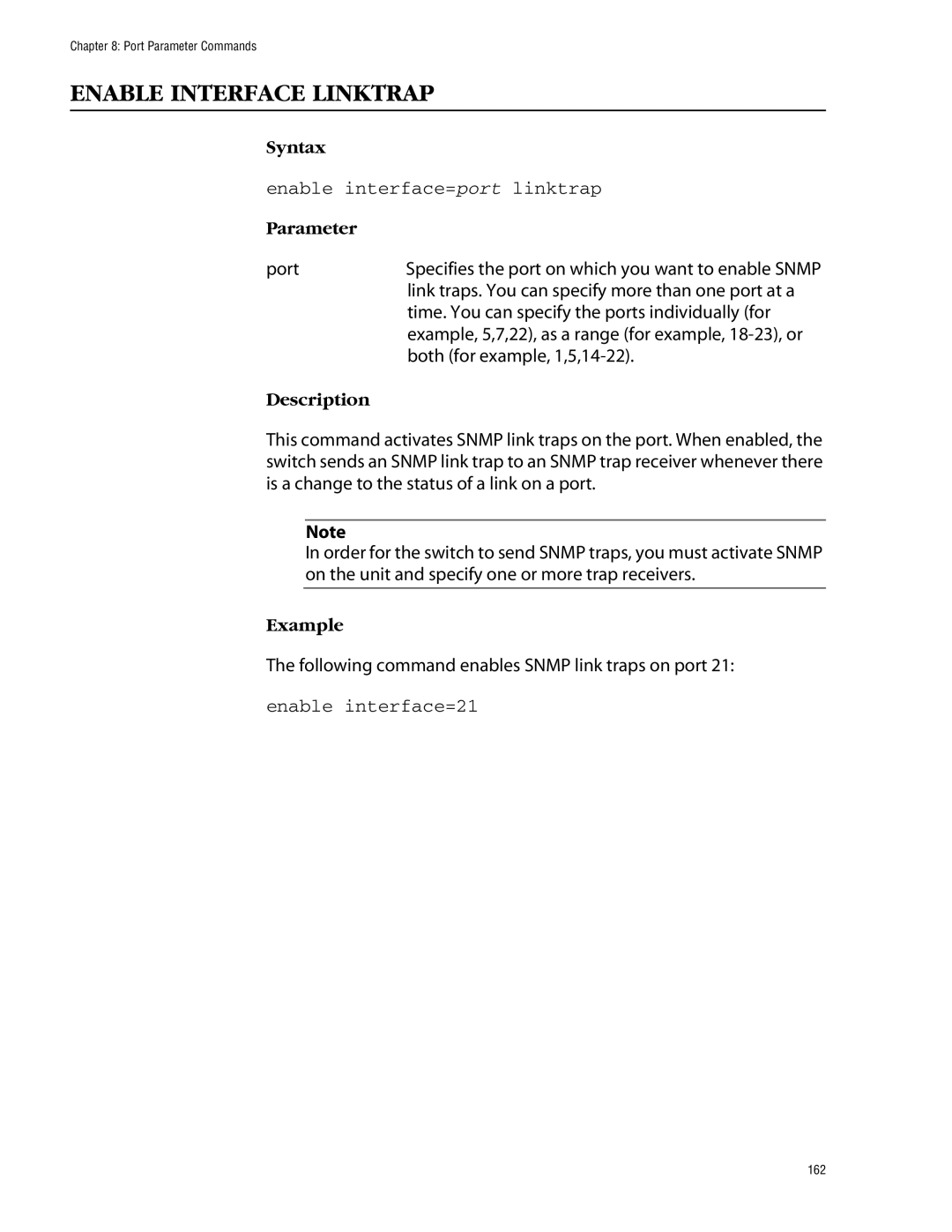 Allied Telesis management software layer 2+ fast ethernet switches manual Enable Interface Linktrap, Enable interface=21 