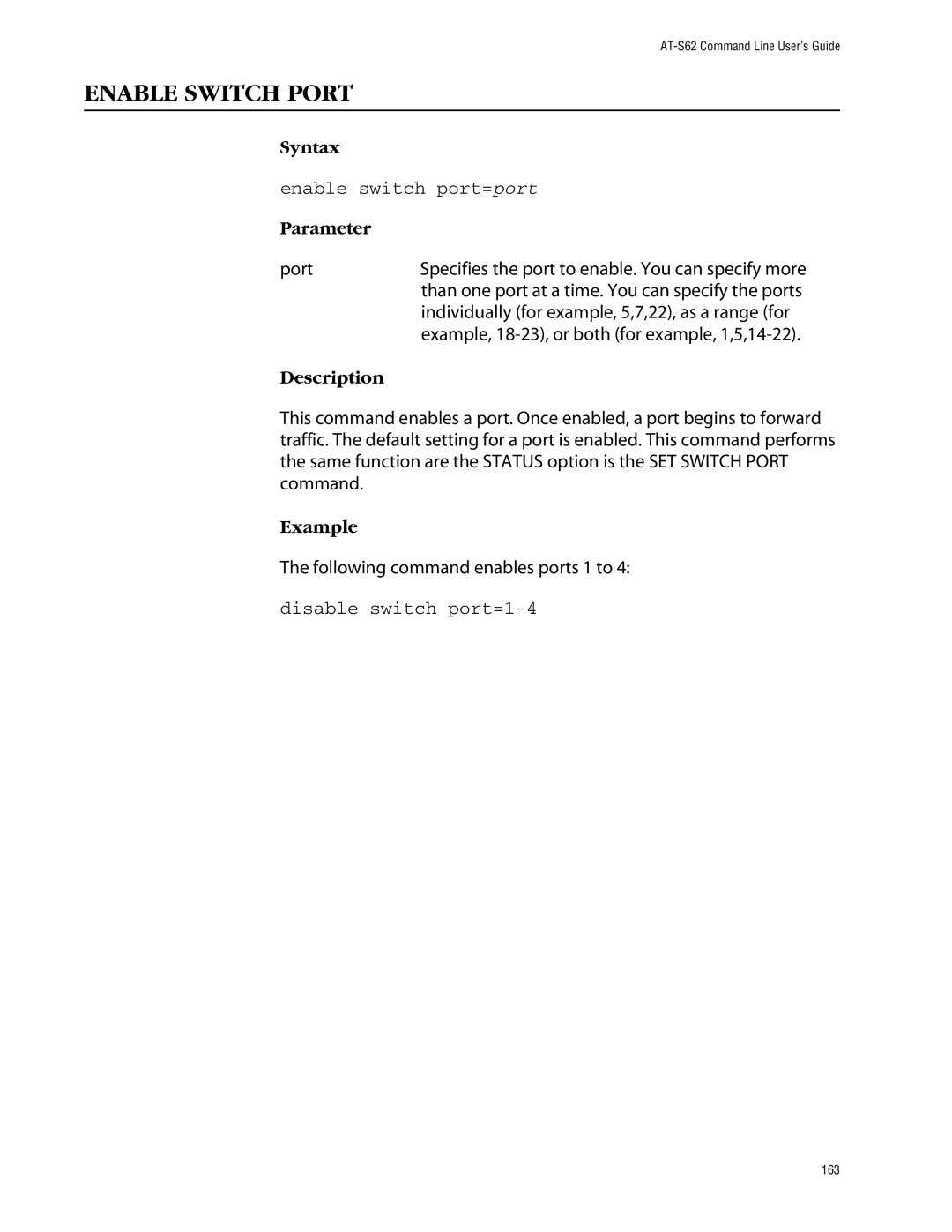 Allied Telesis management software layer 2+ fast ethernet switches manual Enable Switch Port, Enable switch port=port 