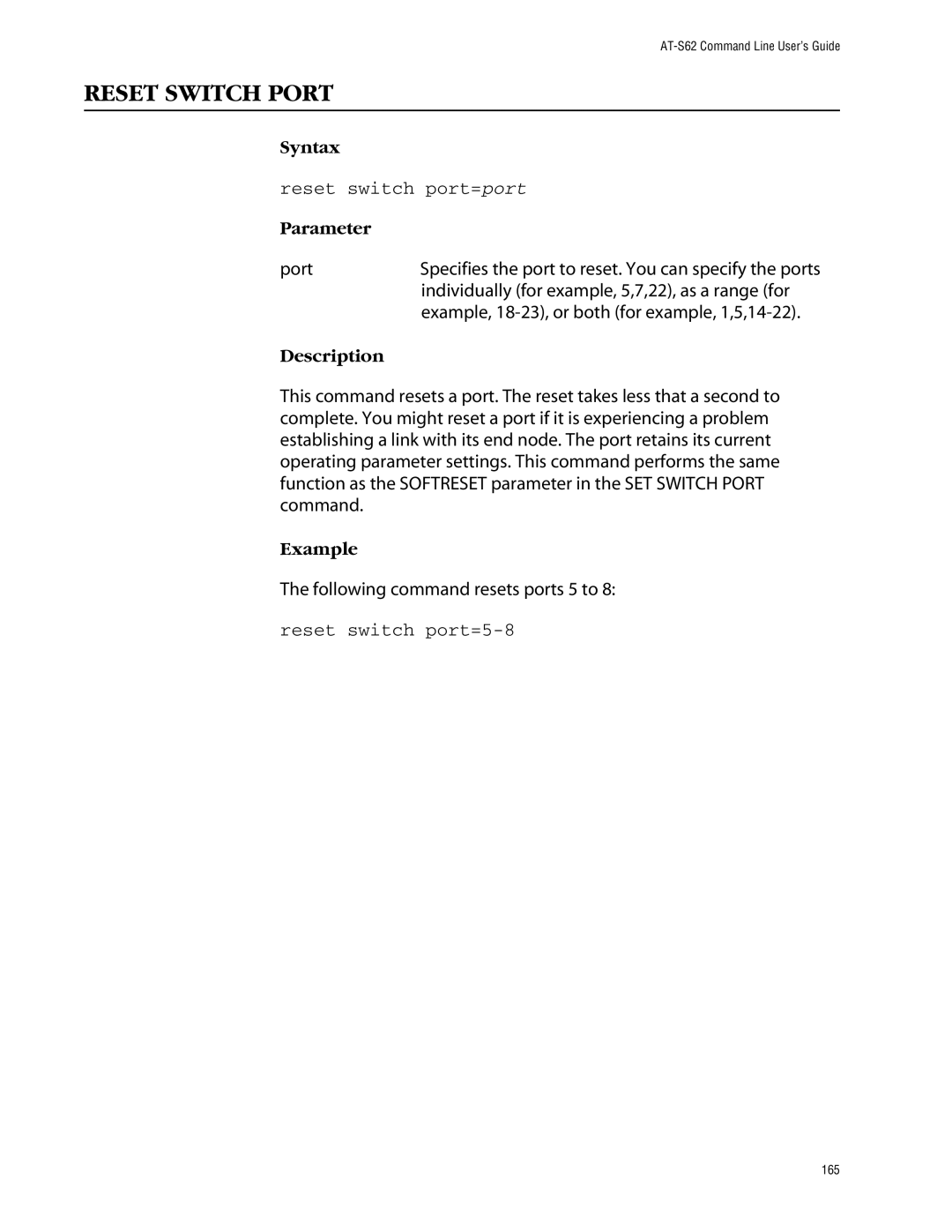 Allied Telesis management software layer 2+ fast ethernet switches manual Reset Switch Port, Reset switch port=port 