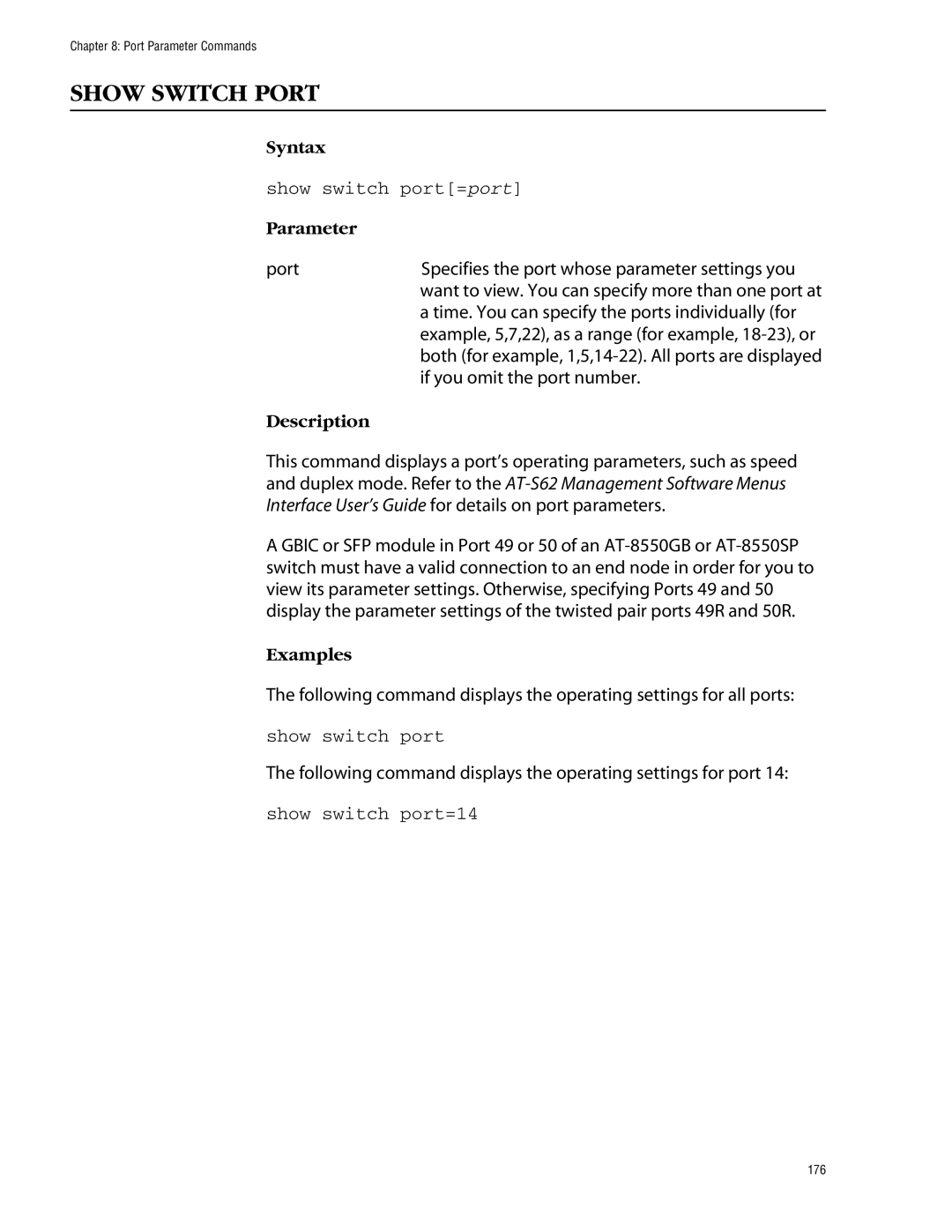 Allied Telesis management software layer 2+ fast ethernet switches manual Show Switch Port, Show switch port=port 