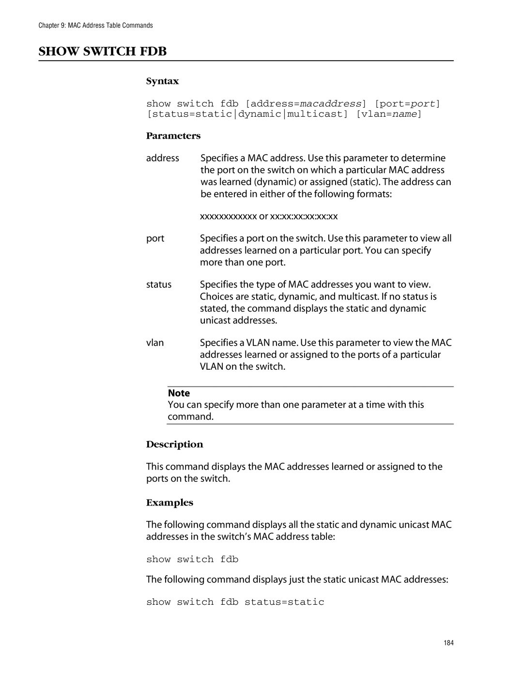 Allied Telesis management software layer 2+ fast ethernet switches manual Show Switch FDB, Show switch fdb 