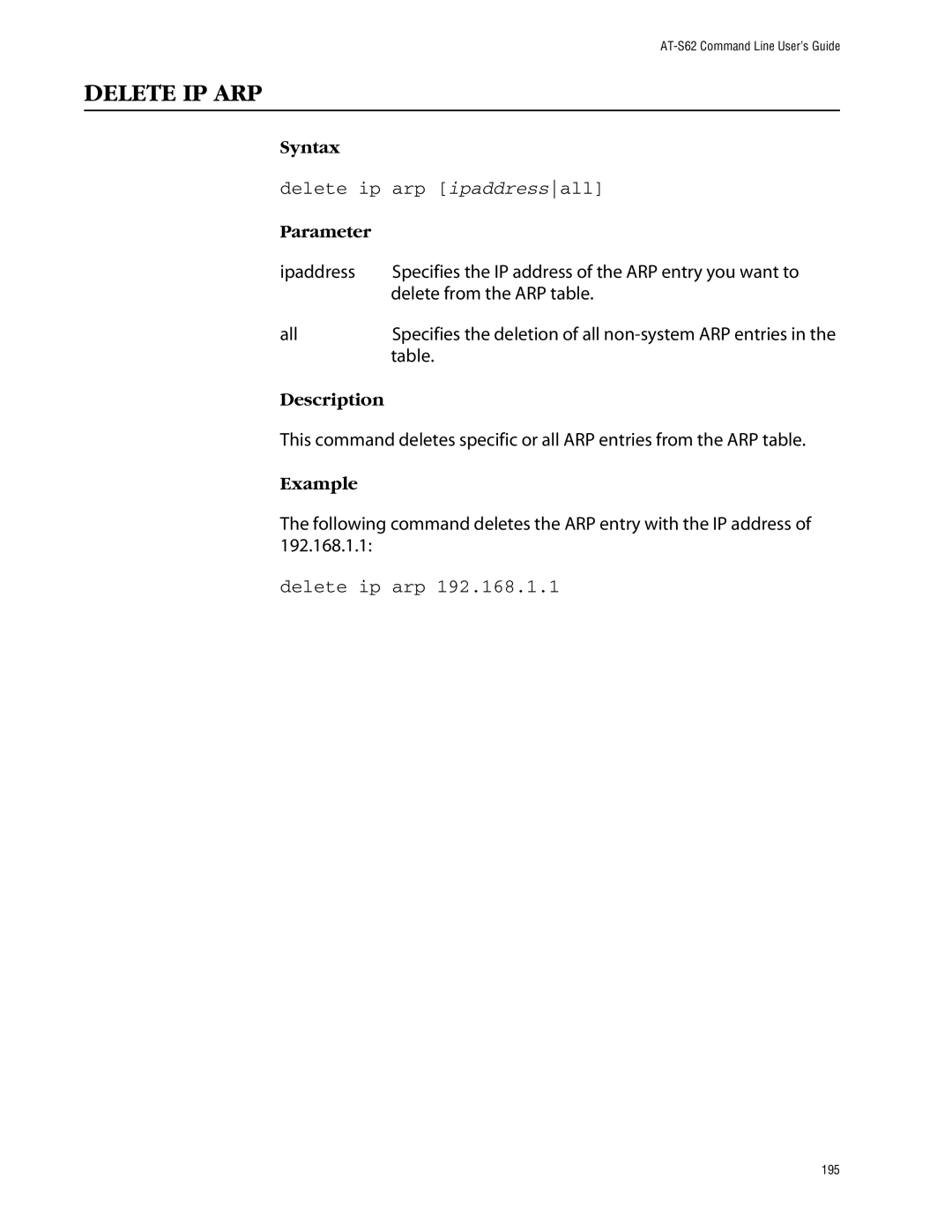 Allied Telesis management software layer 2+ fast ethernet switches manual Delete IP ARP, Delete ip arp ipaddressall 